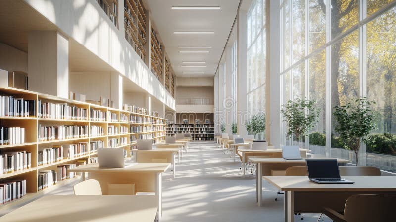 Bright modern library interior with students studying